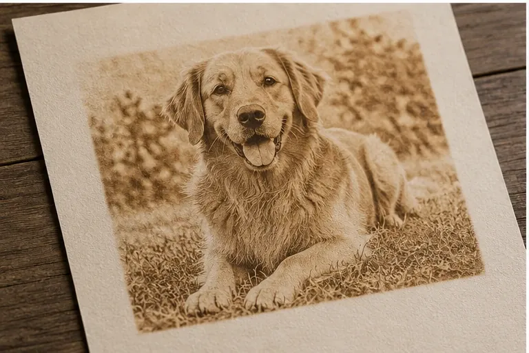 Fotografia di un cane incisa su cartoncino