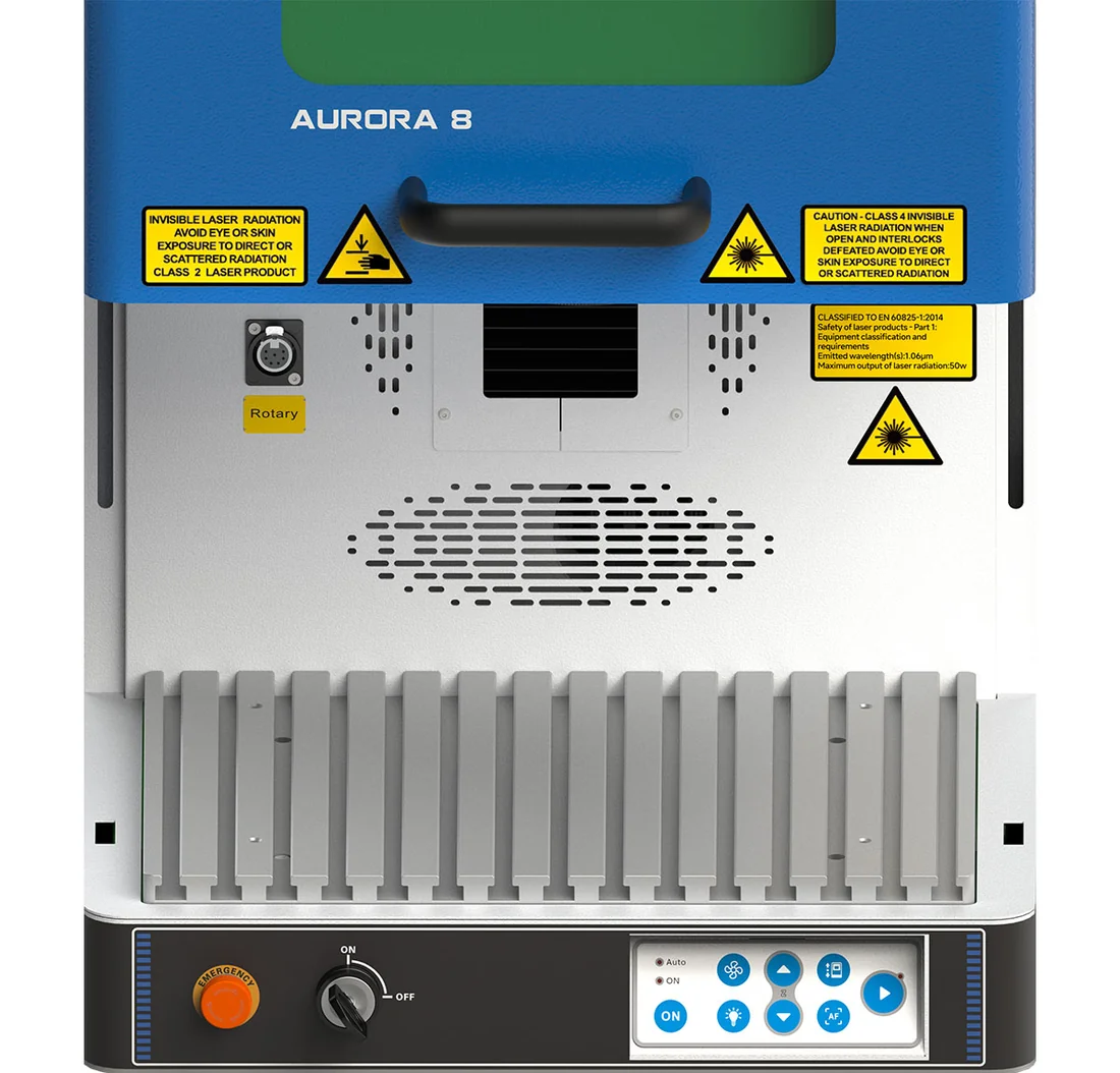 MARCATORE LASER FIBRA THUNDER AURORA MOPA — fronte aperto da vicino
