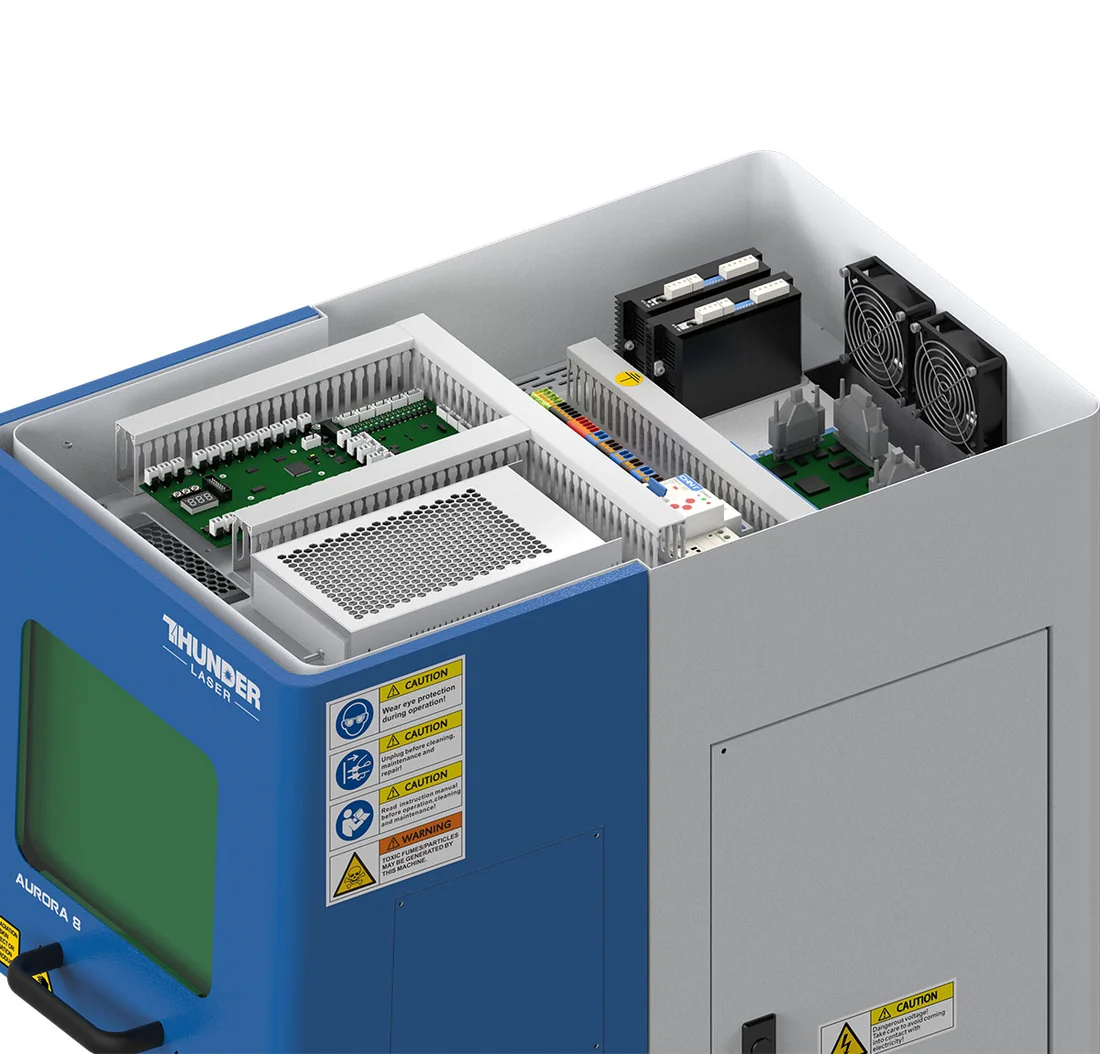 MARCATORE LASER FIBRA THUNDER AURORA MOPA — fronte destra aperto dall'alto da vicino